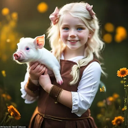 Prompt:   female dwarf with white hair holding a piglet , realistic art, age=14, white hair, freckles, pretty, piglet is holding a tiny ukrainian flag in its mouth