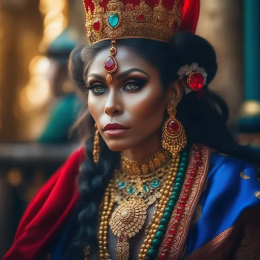 Prompt: a gorgeous and breathtaking 4k hdr photo of a Monkey empress, with green eyes, wearing a long red and blue dress, holding a giant golden cross with beautiful red ruby jewels and skulls embedded into it