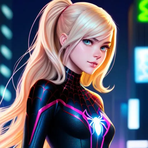 Prompt: highest quality digital painting full-body portrait of Gwen Stacy from spider-man, standing on a roof, Brown Wavy hair, wearing Ghost spider suit, ghost spider, spider-verse, body suit, side lighting, cyberpunk lighting, neon, symmetrical face, full body, cute posed, face details, looking into camera, face to camera, intimidating, stoic, sharp features, double eyelid brown eyes
