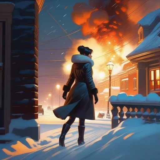 Prompt: Third person shooter, female protagonist, explosions, snow, Moscow, cartoony, cold night atmosphere, extremely detailed painting by Greg Rutkowski and by Henry Justice Ford and by Steve Henderson