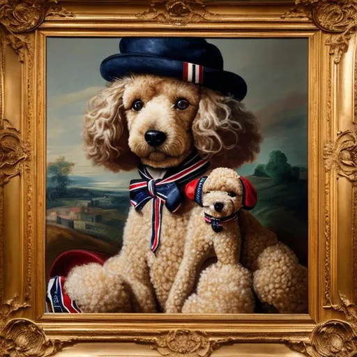 Prompt: Tommy hilfiger brand with French chansons vibe and a apricot toy poodle painted in Rembrandt style
