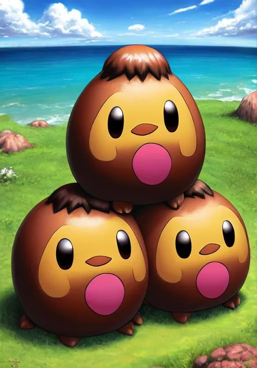 Prompt: UHD, , 8k,  oil painting, Anime,  Very detailed, zoomed out view of character, HD, High Quality, Anime, Pokemon, Dugtrio is a set of Diglett triplets sharing a single body, although no one knows what its body looks like since it's perpetually buried underground. Each head is incredibly tough with a smooth surface, and has brown skin, black eyes, and a large, round, pink nose. Dugtrio's three heads think the same thoughts and act cooperatively, though on rare occasions may fight over which head gets to eat first. In order to make burrowing easier, each head will bob up and down to loosen the soil. Dugtrio can tunnel under the earth at 60 mph (100 km/h) to a depth of 60 miles (100 kilometers), triggering tremors and earthquakes. It is capable of burrowing endlessly. Dugtrio lives in tunnels and caves under the earth. Dugtrio is considered important for agriculture as its digging aerates the soil and makes it suitable for farming. As shown in the anime, Dugtrio sometimes lives in hollow trees in forests. It maintains the soil and plants trees to revitalize wooded areas. 

Pokémon by Frank Frazetta