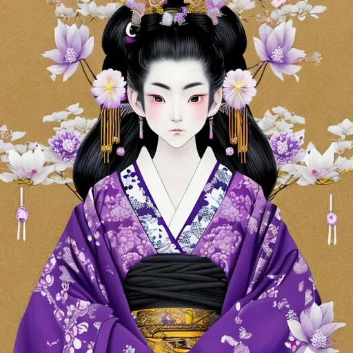 Prompt: High quality portrait of a Japanese Oiran. She has lightly colored pale skin and is very beautiful. Her hair is black and is decorated with purple, silver, and gold hairpins. Her elaborate kimonos are white and purple with checkered patterns. She wears a blue spider lily on her left ear and wears a beautiful purple obi patterned with traditional Japanese mist colored white.