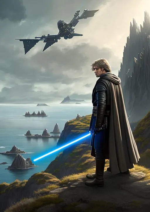 Prompt: Luke Skywalker standing on a cliff with a lightsaber facing down, painted as a game concept art, dark grey haired man, wearing dark maritime clothing, portrait of rick sanchez, antipodeans, unmasked, realistic background, with real wings, island background, clad in robes, he has a beard and graying hair, muted realistic colors, torn sails, general