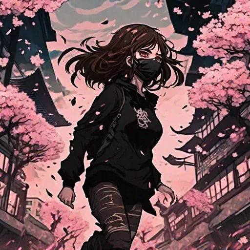 Prompt: Anime brown hair character profile wearing all black with mask running through a apocalyptic city theme, cherry blossom trees surrounding, trippy psychedelic sky, dark, gloomy