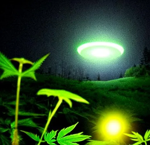 Prompt: UFO in forest abducting a weed plant at night. There should be 2 aliens watching in the foreground