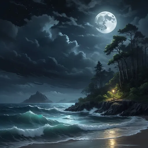 Prompt: Chiaroscuro, digital painting, 8k, HD high quality, A night scene of a deserted forested island surrounded by a stormy sea, dramatic, the moon in an evening sky, stars and clouds in the sky, over a ocean with rising waves,