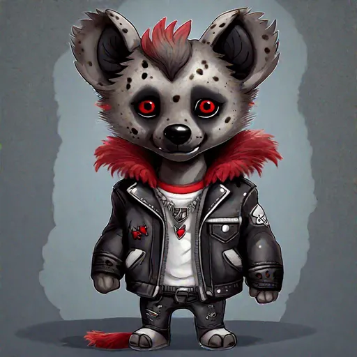 Prompt: Hyena anthropomorphic, kawaii style, grey fur with brown spots, brown mane, black angel wings, dressed in grey jeans and black leather jacket with red, Angel of destruction, Masterpiece, Best Quality 