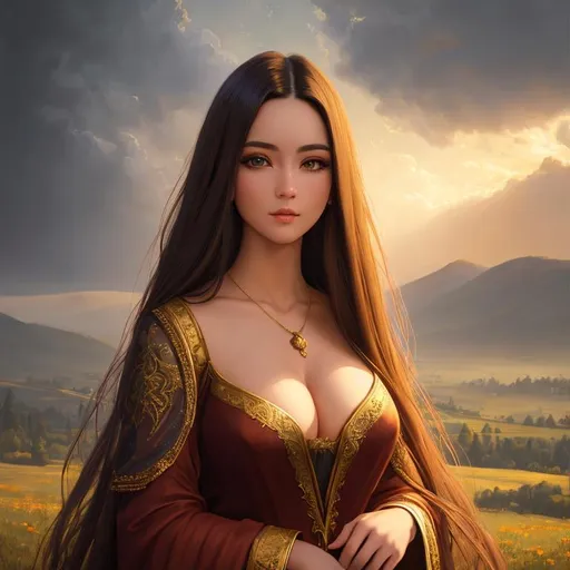 Prompt: Oil painting, Chiaroscuro, landscape, UHD, 8K, highly detailed, panned out view of the character, visible full body, a hyperdetailed mage girl, hyperdetailed long hair, masterpiece, hyperdetailed full body, hyperdetailed feminine attractive face and nose, complete body view, ((hyperdetailed eyes)), perfect body, perfect anatomy, beautifully detailed face, alluring smile, ((fantasy_gown1.3)), small chest