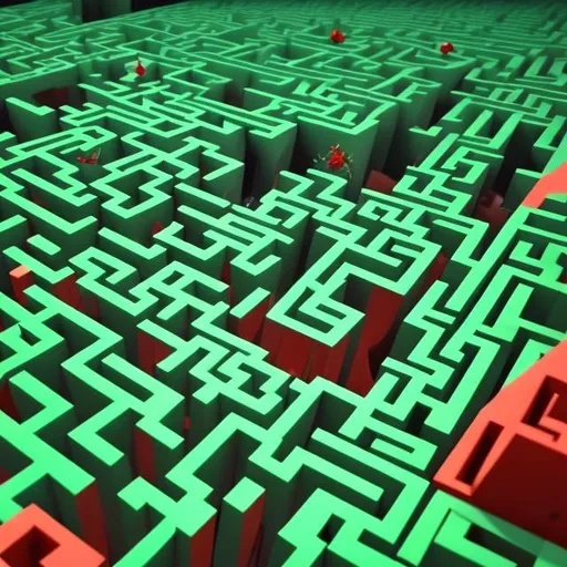 Prompt: A 3D maze looked from above, a goal area with green color also should be there. Tiny Red monsters (or animals) look up from many corners of the maze. Robot world.

DO NOT make the whole image red color-ish. only monster-type animals should be red.