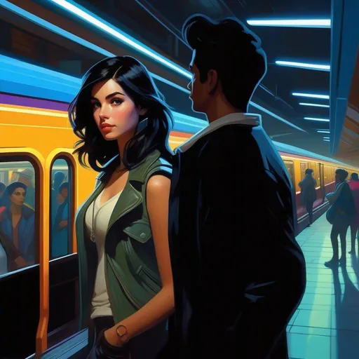 Prompt: Third person, gameplay, young woman, pale olive skin, black hair, dark brown eyes, glass, neon, modern subway station, blue-ish atmosphere, cartoony style, extremely detailed painting by Greg Rutkowski and by Henry Justice Ford and by Steve Henderson 