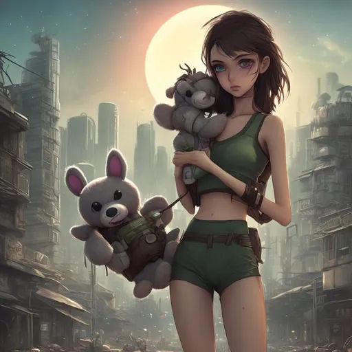 Prompt: petite brunette female android, pretty face, green eyes, high cheek bones, dark green bikini top, low slung cargo shorts, lightly tanned body, post apocalyptic city skyline in background, large moon, cgi amine steampunk style, carrying a torn teddy bear, 