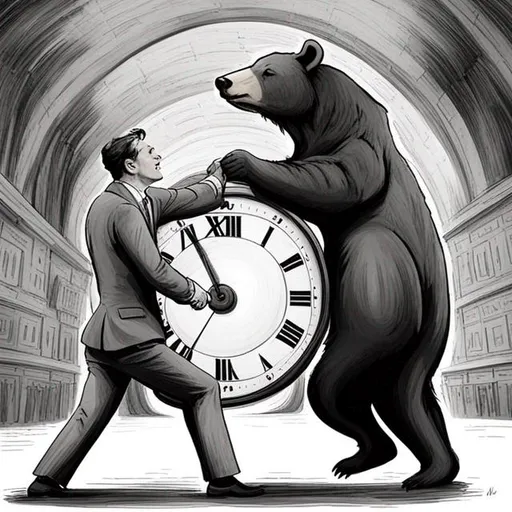 Prompt: a clock swinging between a bull stock market and a bear stock market