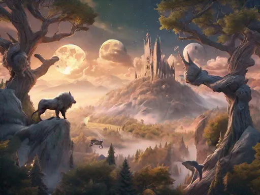 Prompt: hyperrealistic fantasy landscape with trees, mountains and beasts in the air, magic crackles from a wizards tower, lit by twin moons