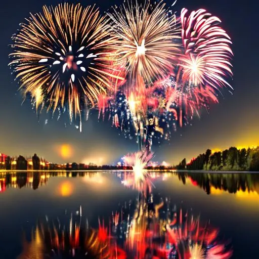 Prompt: fireworks over water with reflection, patriotic