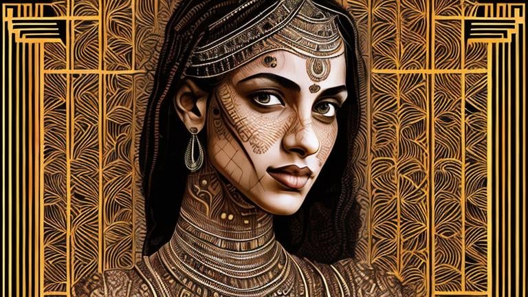 A striking portrait of a woman adorned with intricat...