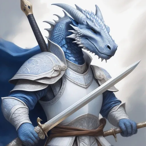 Prompt: A beautiful blue and white Dragonborn with no hair holding a sword, perfect composition, hyperrealistic, super detailed, 8k, high quality, trending art, trending on artstation, sharp focus, studio photo, intricate details, highly detailed, by Greg Rutkowski, illustration, watercolor