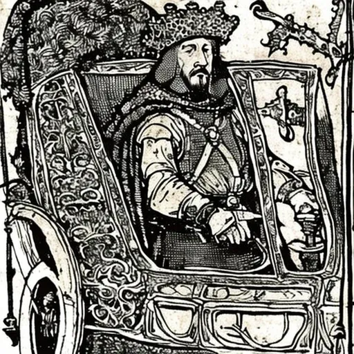 Prompt: Medieval king driving a car, dressed in brocate, in the style of Hans Holbein