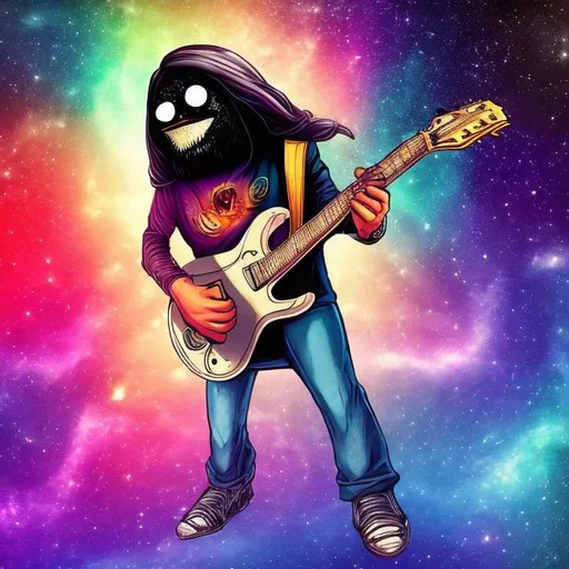 Prompt: penguin jesus playing guitar in an alien shopping mall, infinity vanishing point, spiral galaxy background