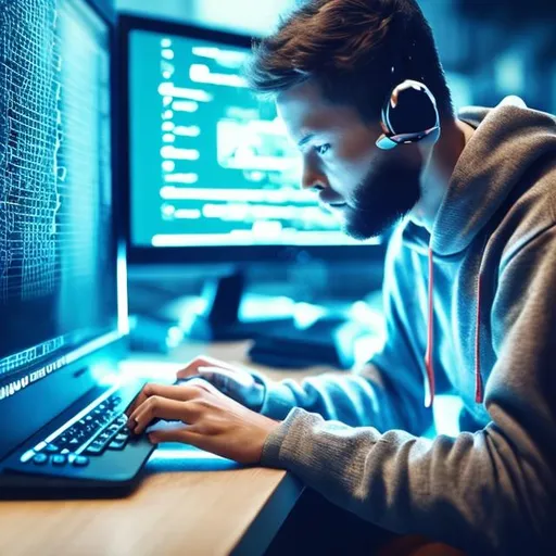 Prompt: Man using computer and programming to break code. Cyber security threat