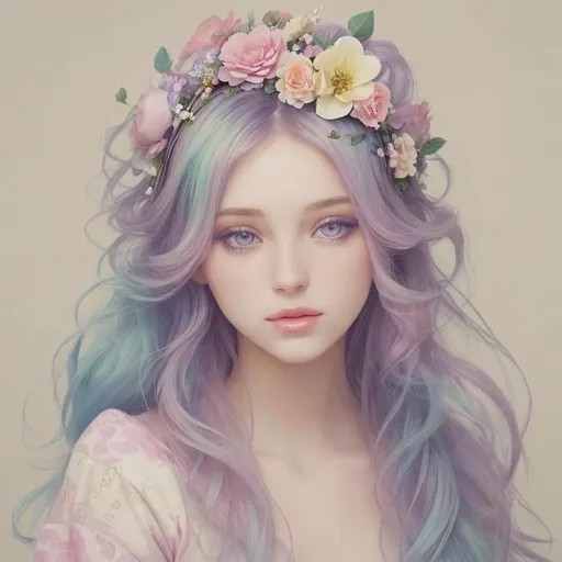 Prompt: Beautiful creation, woman with flowers in her hair, pastel colors