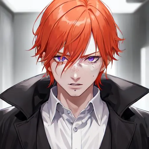 Prompt: Erikku male (short ginger hair, freckles, right eye blue left eye purple) UHD, 8K, Highly detailed, insane detail, best quality, high quality. As the godfather, mafia, crime lord, sadistic look on his face, full body, holding a chainsaw