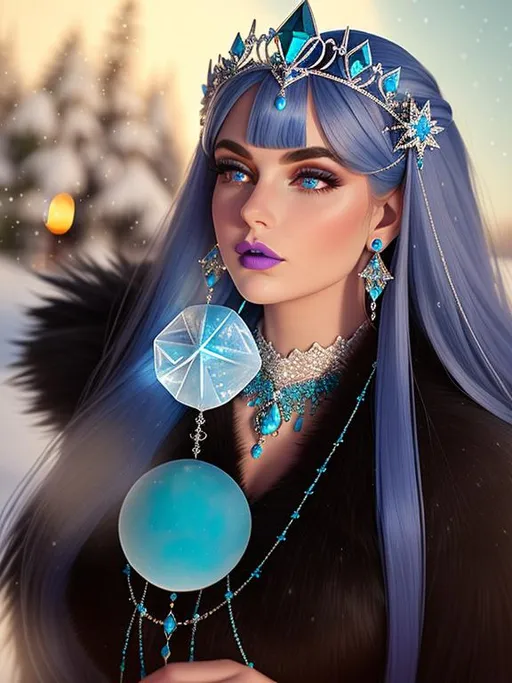 Prompt: GeminiTay, Heavy snow, Giant Blue Orb in Sky, Long Straight Blue hair, Ice crystal tiara with Green Flowers, Thick bushy blue eyebrows, medium sized nose, plump diamond shape face,  Blue lips, ethereal blue eyes, Triangle Star earrings, soft ears, Large blue plastic chain around neck, Blue heart necklaces, Purple candy shaped rings, Large blue fur coat with armor underneath. Scaley gloves. Long Blue Skirt with moons.