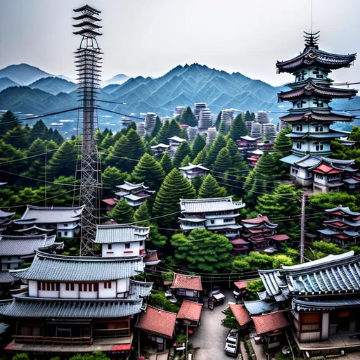 Prompt: In a rustic Japanese town, a pagoda is obviously a disguised cellphone tower. Its roof corners and eaves are adorned with abundant telecommunications equipment. While camouflaged, the tower still retains its identity as a cellphone tower. Carefully placed antennae and satellite dishes can be found on its rooftop. The camera, attuned to capturing this intriguing sight, employs a wide-angle lens to encompass the tower and its surroundings. Inspired by the works of contemporary photographers like Fan Ho and Edward Burtynsky, this image showcases the art of blending technology with cultural heritage.