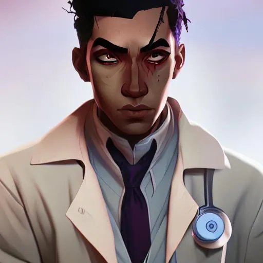 Prompt: light skinned male doctor with blood stains on a lab coat 30 years old
