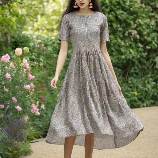 Prompt: Deep  neck  dress with  garden  design 