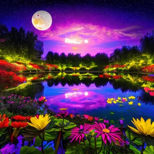 Prompt: Epic beautiful large pond surrounded by bright colorful flowers at night under a full moon at night 