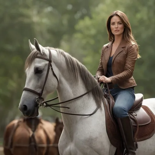 Prompt: Minka Kelly sitting on her horse, watching  as her sone cleans her riding boots, photorealistic, 12K full frame, ISO 400, detailed face, intricate leather textures, high-quality, professional, detailed eyes, realistic, polished leather, atmospheric lighting