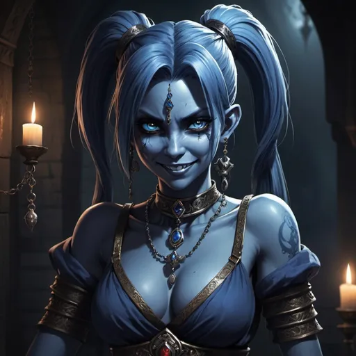 Prompt: Full-body, Evil Djinn, blue skin, pony tail, delictae jewellery, sinister look, spooky atmosphere, RPG-fantasy, intense, detailed, game-rpg style, malicious smile, scheming gaze, dark and eerie lighting, sinister vibe, fantasy, detailed character design, atmospheric, spooky ambiance