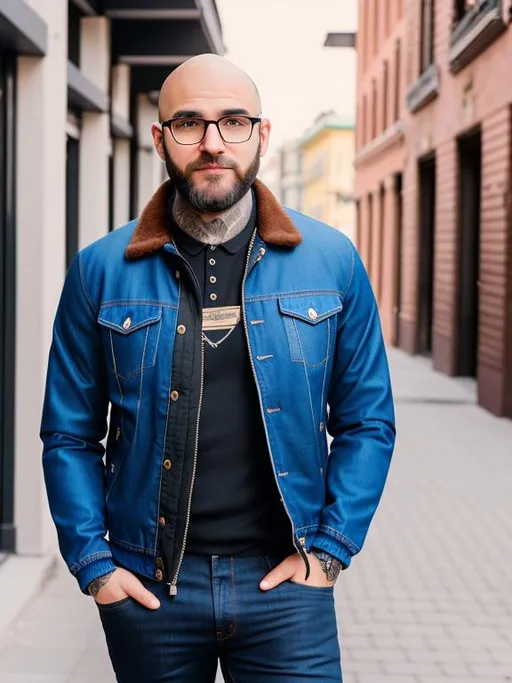 Prompt: photograph, 16k, attractive, elegant, confident, optimistic, sad, bald middle aged hipster barista with a full beard and glasses holding hand with an attractive, elegant, confident, optimistic, sad, Ukrainian short haired beautiful sporty female, highly detailed jeans and jacket