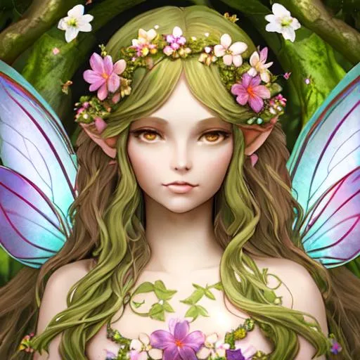 Prompt: Fairy goddess of spring, earth tone colors, closeup