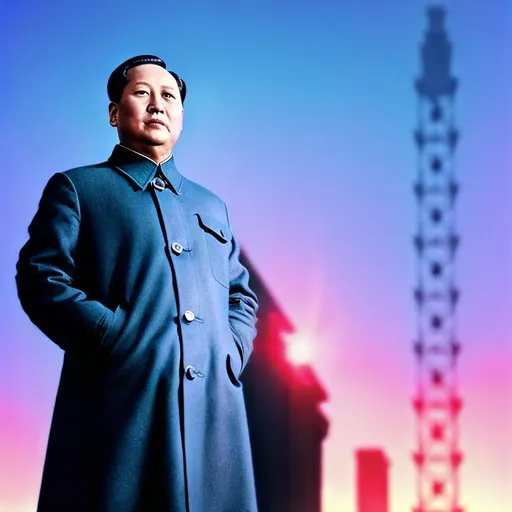 Prompt: 1960s style advertising poster of Mao Zedong standing on a girder next to an office tower construction site, vivid colors, cinematic lighting