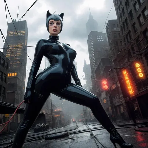 Prompt: Photography of 1960 ((Catwoman))), Wearing whip and ripped damaged shiny latex bodysuit, shameless pose, in detailed apocalyptic Gotham City, hyperrealism, horror environment, red twilight, wires, tubes, pipes, ruins, wet, darkness, bat-signal projected into storm clouds, desaturated, monochrome, retro, vintage, only one character, shot on Agfa Vista, clear facial features, cinematic, 35mm lens