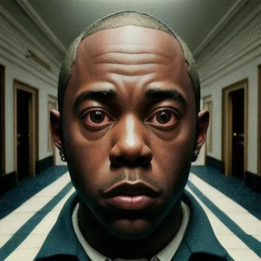 Prompt: Tyler the Creator in the movie The Shining directed by Stanley Kubrick, all geometrically correct, proportionate face, high detail, concept art, character art,  detailed eyes, detailed lips, detailed nose