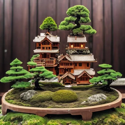 Prompt: tiny wooden castle surrounded by juniper bonsai trees