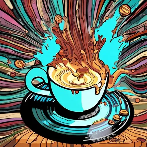 Prompt: cartoon vinyl record melting into a cup of black coffee