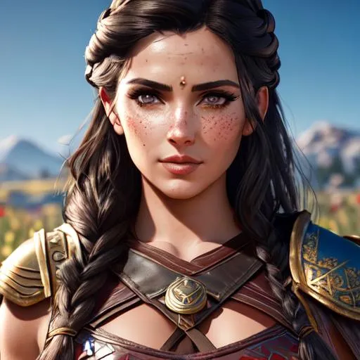 Prompt: an attractive Kassandra from Assassin's Creed Odyssey  toned warrior dressed in well oiled leather standing in a field with ultra realistic Black hair and Ultra realistic eyes, realistic olive complexion with freckles, beautiful body, muscular body, fantasy character portrait, ultra realistic, concept art, intricate details, studio lighting, symmetrical, ideal human, ultra details, super detailed, 64k, detailed body, full body, detailed tattooed face, looking into the camera smooth, sharp, focus; illustration, golden ratio.
