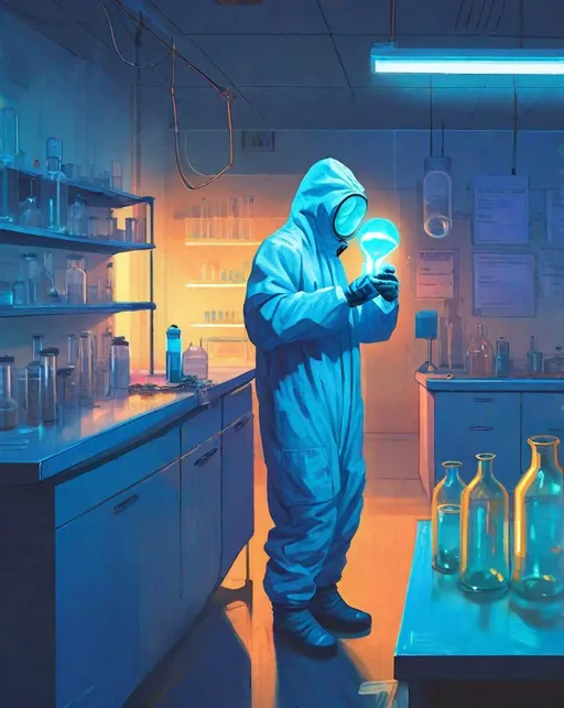 Prompt: In a sleek high-tech laboratory, a scientist makes a breakthrough discovery, holding up a (glowing:1.2) vial of blue liquid up to the light as eerie (neon:0.6) reflections dance across his hazmat suit. In the style of Simon Stålenhag.