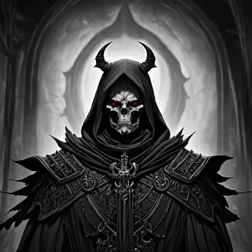 Prompt: Diablo. Portrait of Nekrosar. Sickly background. Sickly figure immersed in darkness. Male. Malevolent. Wearing dark armor made of bones and flowing black robes with skulls. Has grey skin. Has an eerie presence. Has a skeletal face. Is a necromancer, a stygian general. Death Magic. Dark room. Low light., Greg Rutkowski, John William Waterhouse, Alphonse Mucha. (vibrant colors:4), full hd, high quality, 4k, trending on artstation, oil painting, symmetrical, intricate, highly detailed, cell shaded