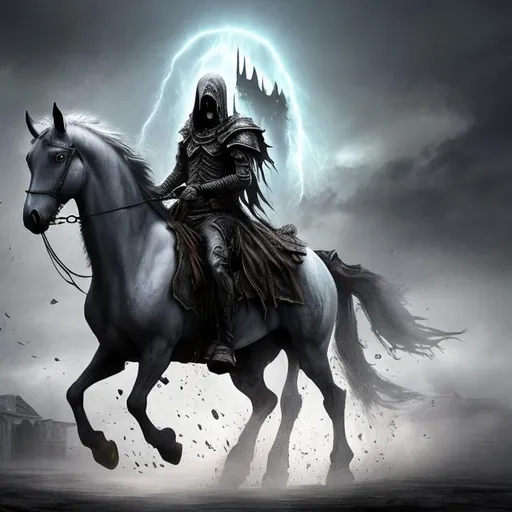 Prompt: Death riding on a gray horse followed by the realm of the dead. Photorealistic