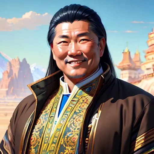 Prompt: Excellent painted a middle aged Mongolian man smiling with arms crossed, masterpiece painting with detailed face, full body 4k, trending on artstation, octane render, art by artgerm and greg rutkowski and alphonse mucha and craig mullins and James Jean and Andrei Riabovitchev and Marc Simonetti and peter mohrbacher