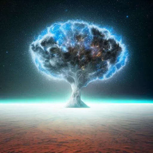 Prompt: Tree of light,  one tree, universe, lonely, galaxy on the sky, gravity pulling down asteroids shining bright, lightning lighting the scene, electric tree, asteroids, ray-tracing, 8k, hq, 