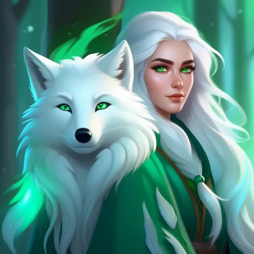 Prompt: A portrait of a human female druid. green eyes. long hair. white hair. Young Adult. wizard clothes. Have a ghostly arctic fox on his shoulder. Character Design art. Concept Art. Digital Art. 4k HD. Trending on artstation. 