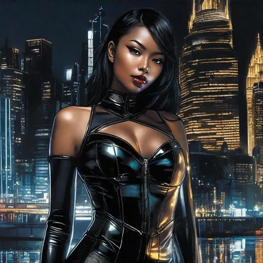 Prompt: pretty young Indonesian woman, 25 year old, (round face, high cheekbones, almond-shaped brown eyes, epicanthic fold, small delicate nose),  black latex dress, sheer black tights, posing for a picture, active pose, cyberpunk art by Carl Hoppe, tumblr, fantastic realism, goth, shiny, backdrop city at night, masterpiece, intricate detail