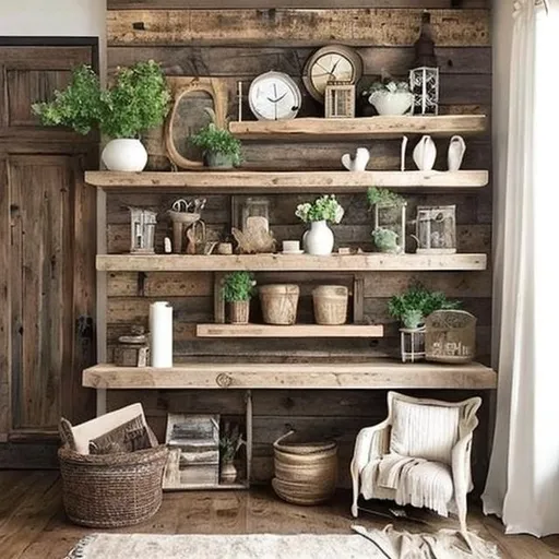 Prompt: plain walls into stunning displays with the allure of rustic wooden shelves