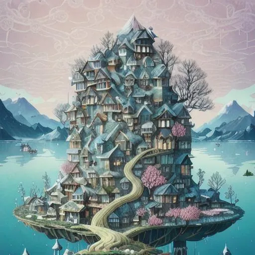 Prompt:  A Surreal Snowy Floating City Village, Mysterious World Landscape, Victo Ngai, Flowers, Mushrooms, On A Tree, Heavily Detailed Roots And Vines, A Little Glass Blue Lake, On The Side Of The Mountain, By Gediminas Pranckevicius, Surreal, Colourful, Concept Art, Award-Winning. Razor Sharp Quality